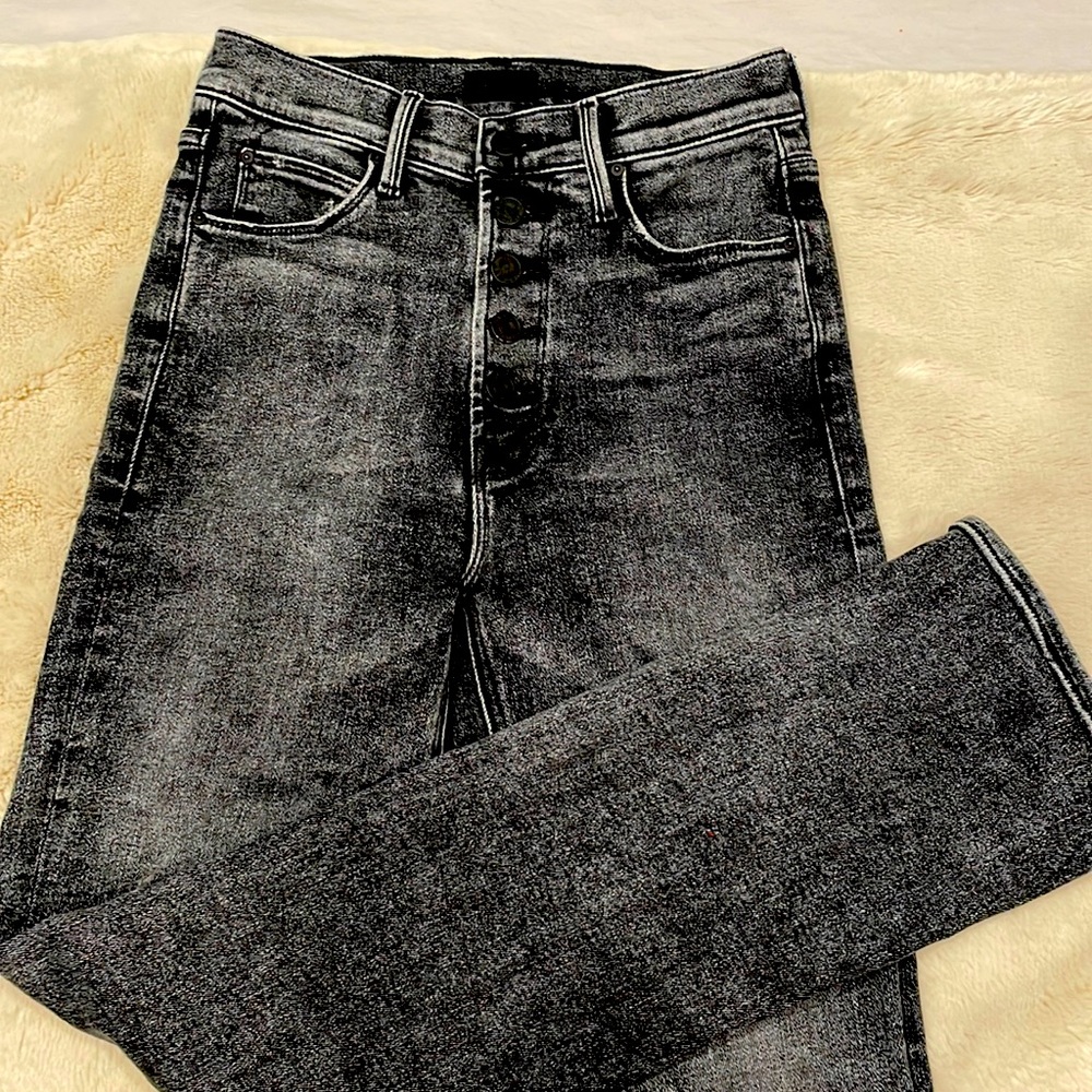 Mother, distressed black jeans with exposed button fly.